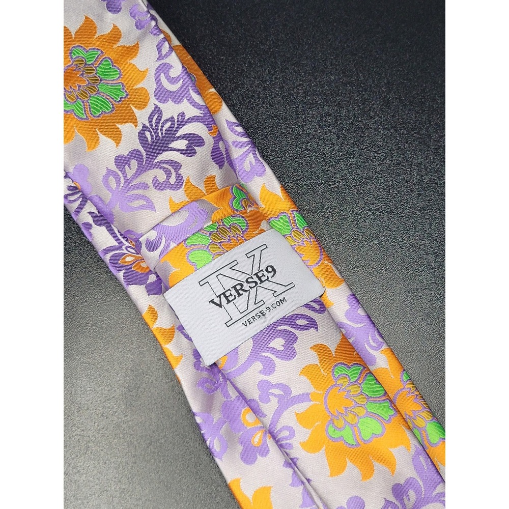 Verse 9 Necktie Purple Orange Floral Scroll Silk Excellent